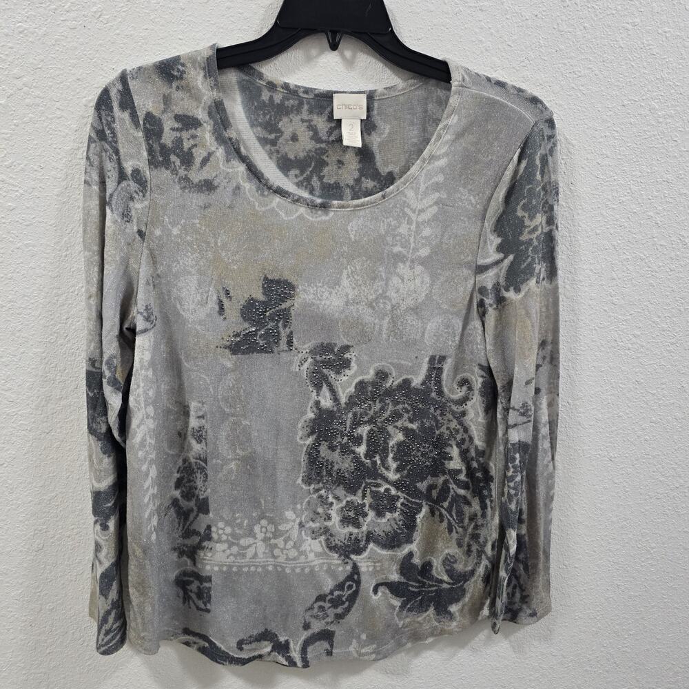 Chicos Metallic Floral Long Sleeve Top Gray Silver Stretch Sparkle Shrit L - Picture 2 of 9